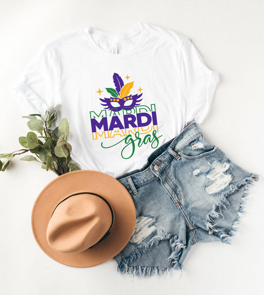 Mardi Gras Mask Stacked | Short Sleeve Crew Neck