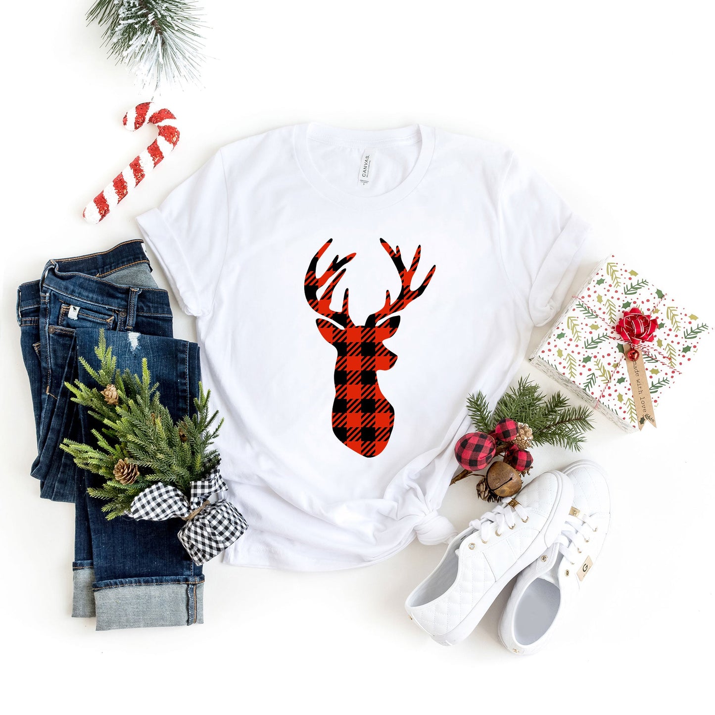 Buffalo Plaid Reindeer | Short Sleeve Graphic Tee