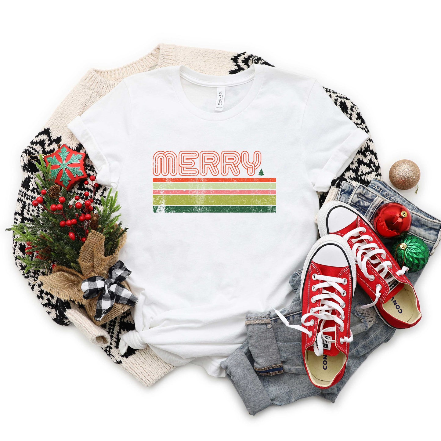 Retro Merry Stripes | Short Sleeve Graphic Tee