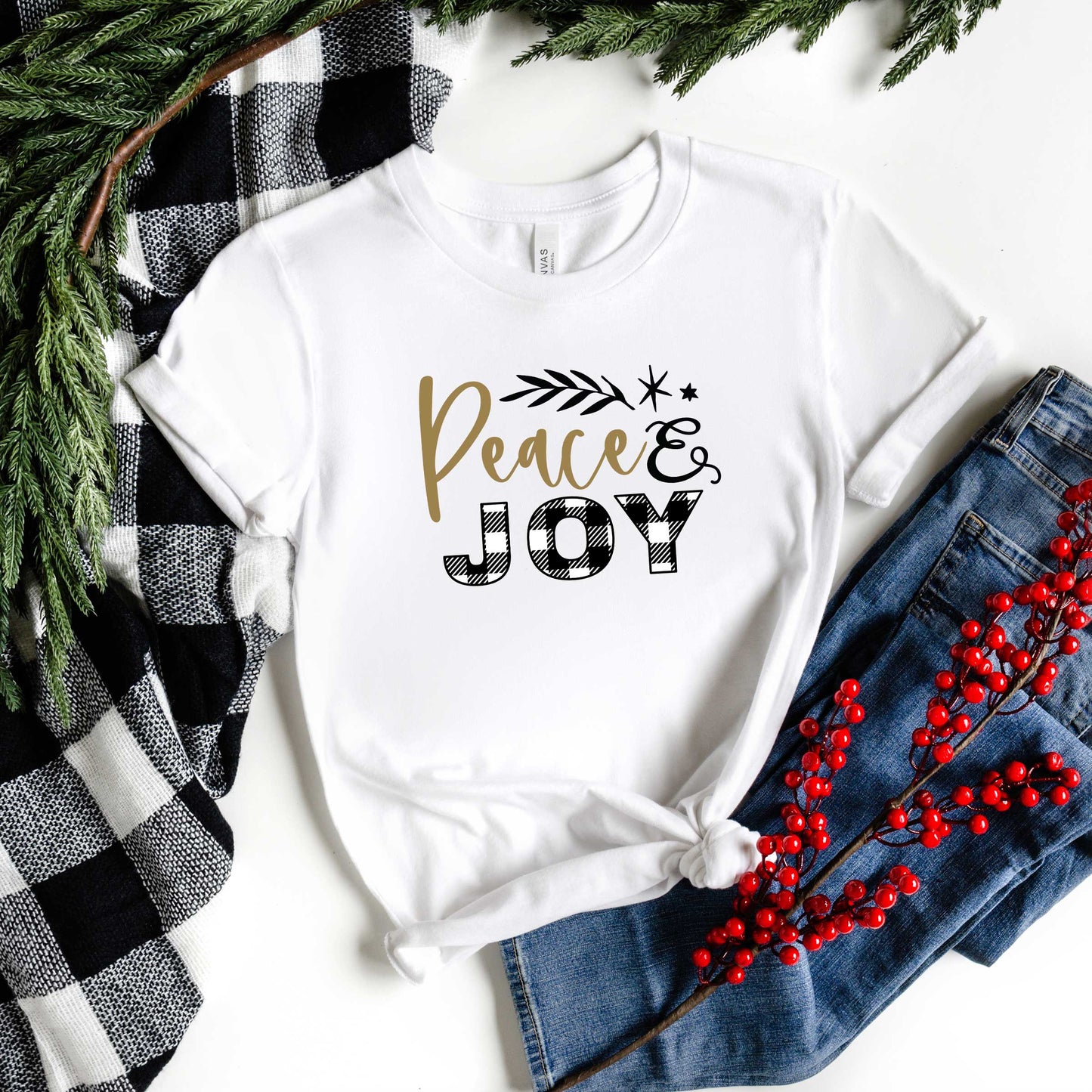 Plaid Peace and Joy | Short Sleeve Crew Neck