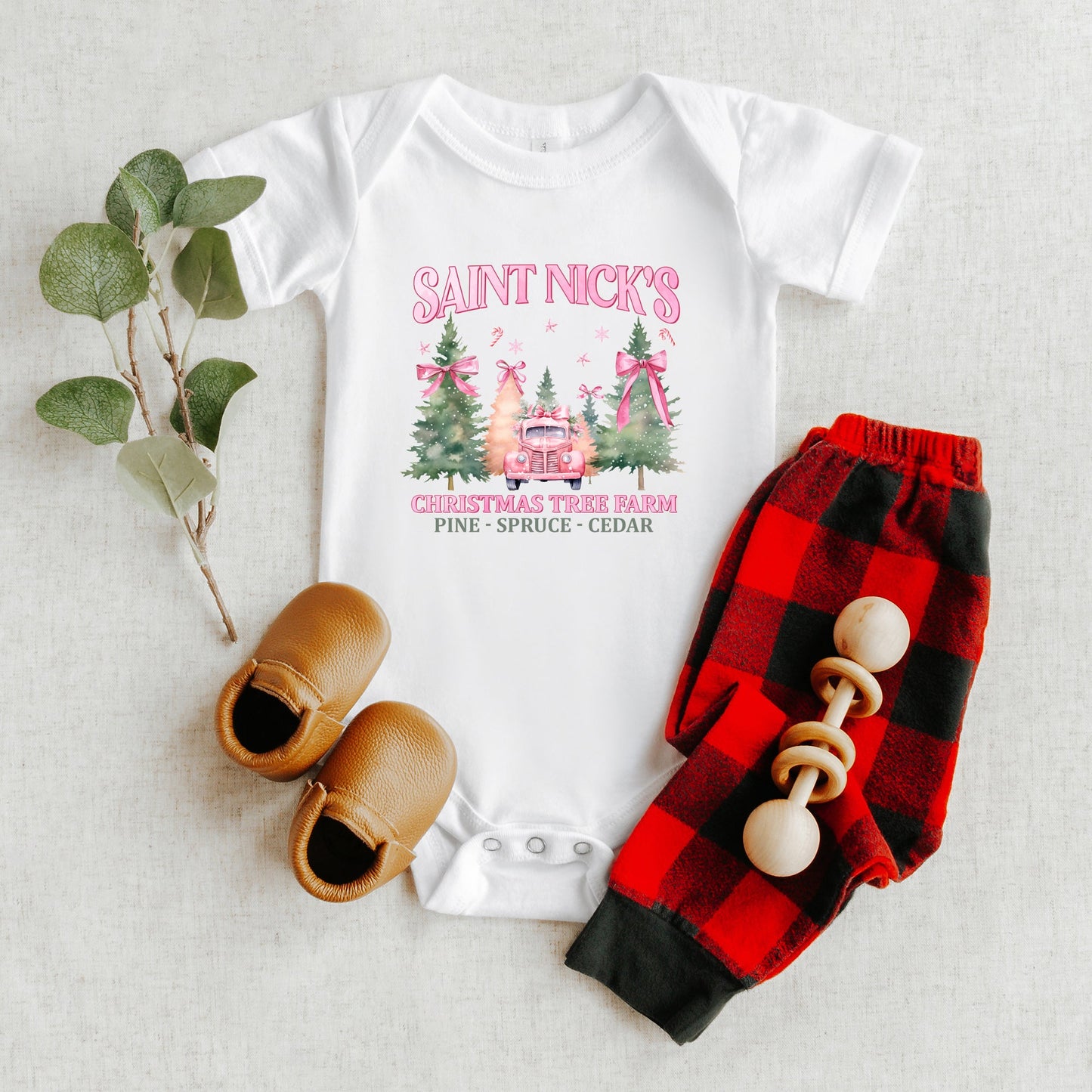 Coquette St. Nick's Tree Farm | Baby Graphic Short Sleeve Bodysuit
