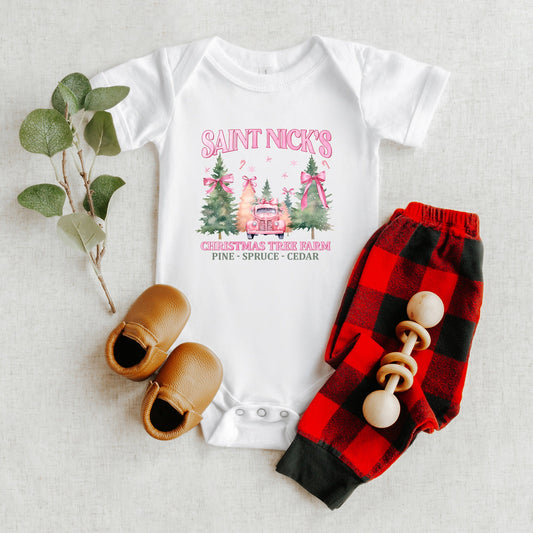 Coquette St. Nick's Tree Farm | Baby Graphic Short Sleeve Bodysuit