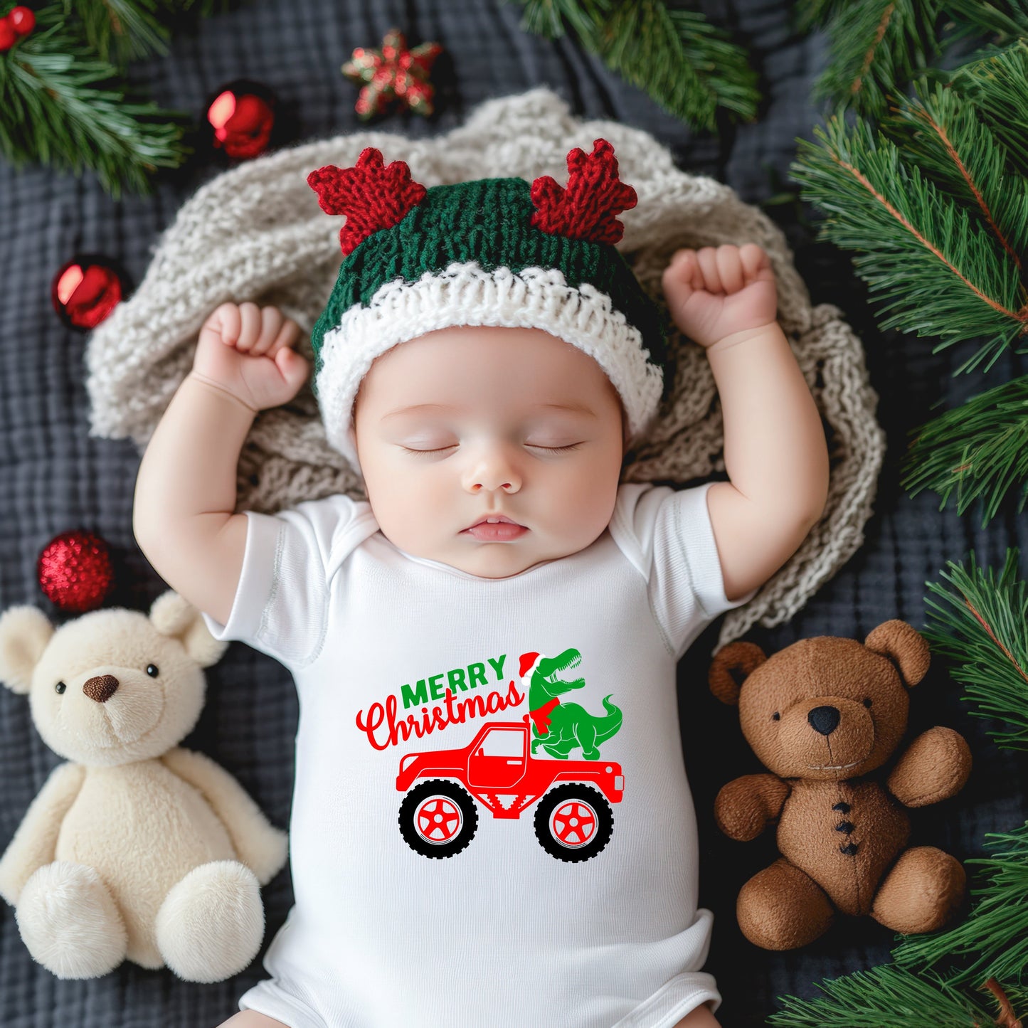 Christmas Dino Truck | Baby Graphic Short Sleeve Bodysuit