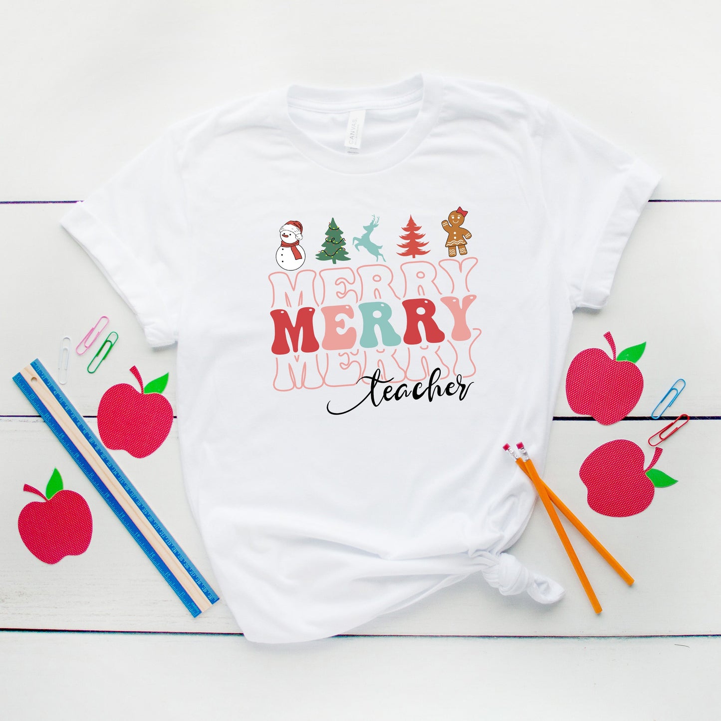 Merry Stacked Teacher | Short Sleeve Graphic Tee
