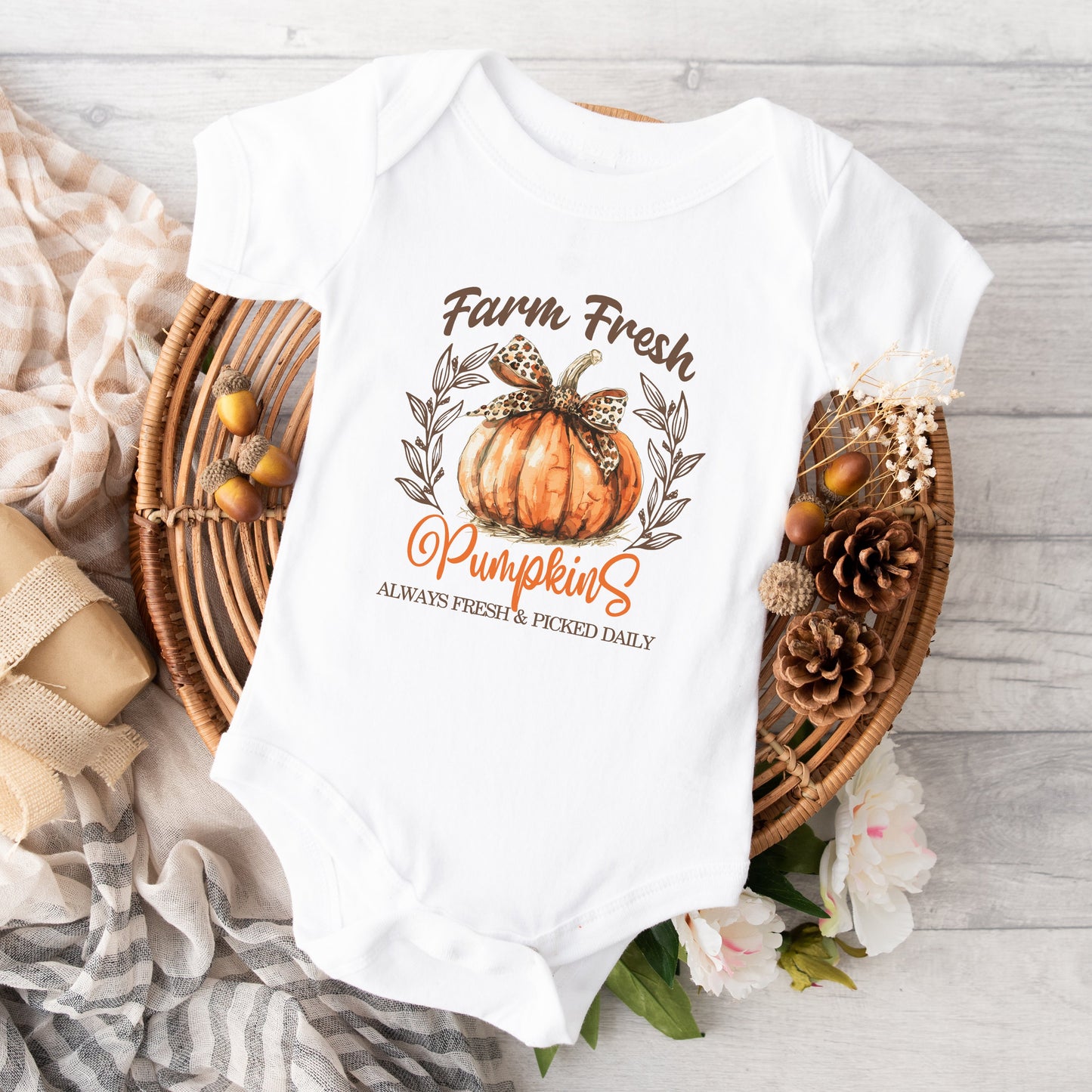 Coquette Farm Fresh Pumpkin | Baby Graphic Short Sleeve Bodysuit