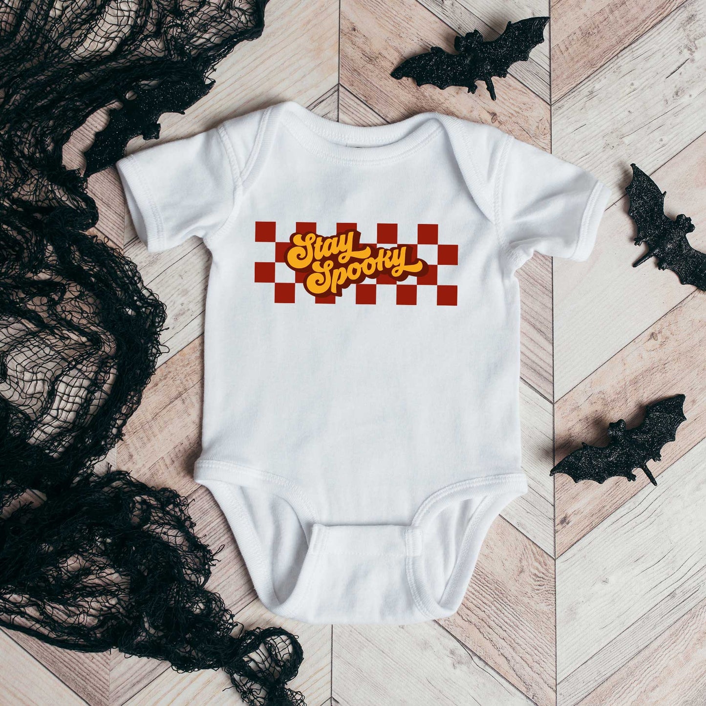Stay Spooky Retro Checkered | Baby Graphic Short Sleeve Bodysuit