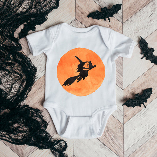 Watercolor Witch On Broom | Baby Graphic Short Sleeve Bodysuit