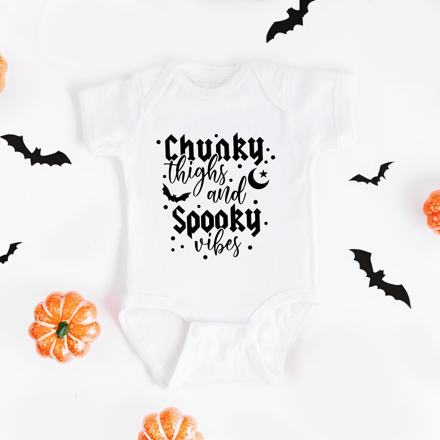 Chunky Thighs And Spooky Vibes Puff Print | Baby Graphic Short Sleeve Bodysuit