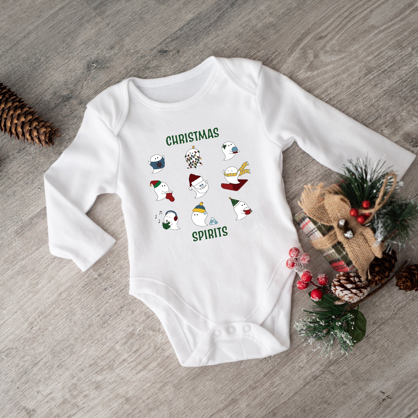 Christmas Spirits Green Words | Baby Graphic Long Sleeve Bodysuit