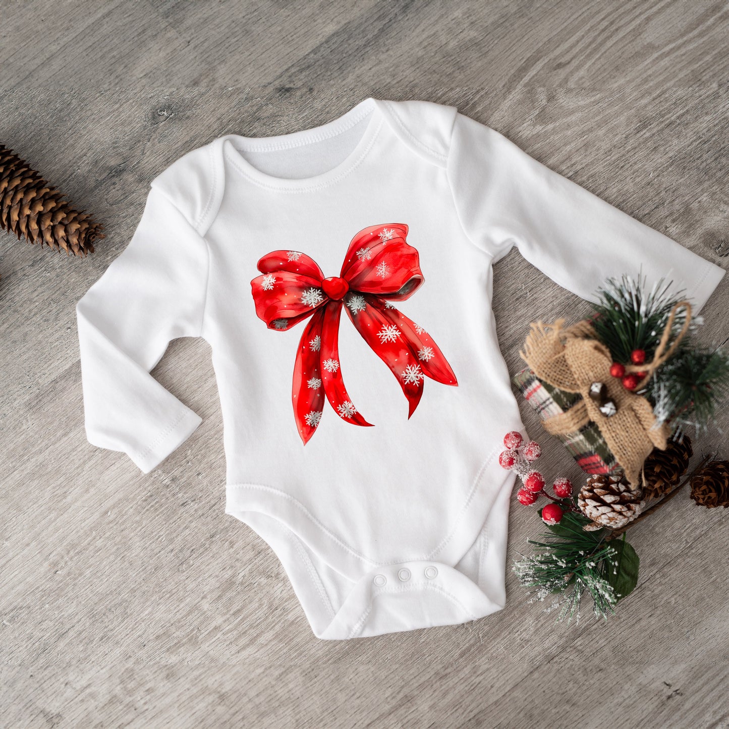 Coquette Christmas Snowflake Bow | Baby Graphic Long Sleeve Bodysuit