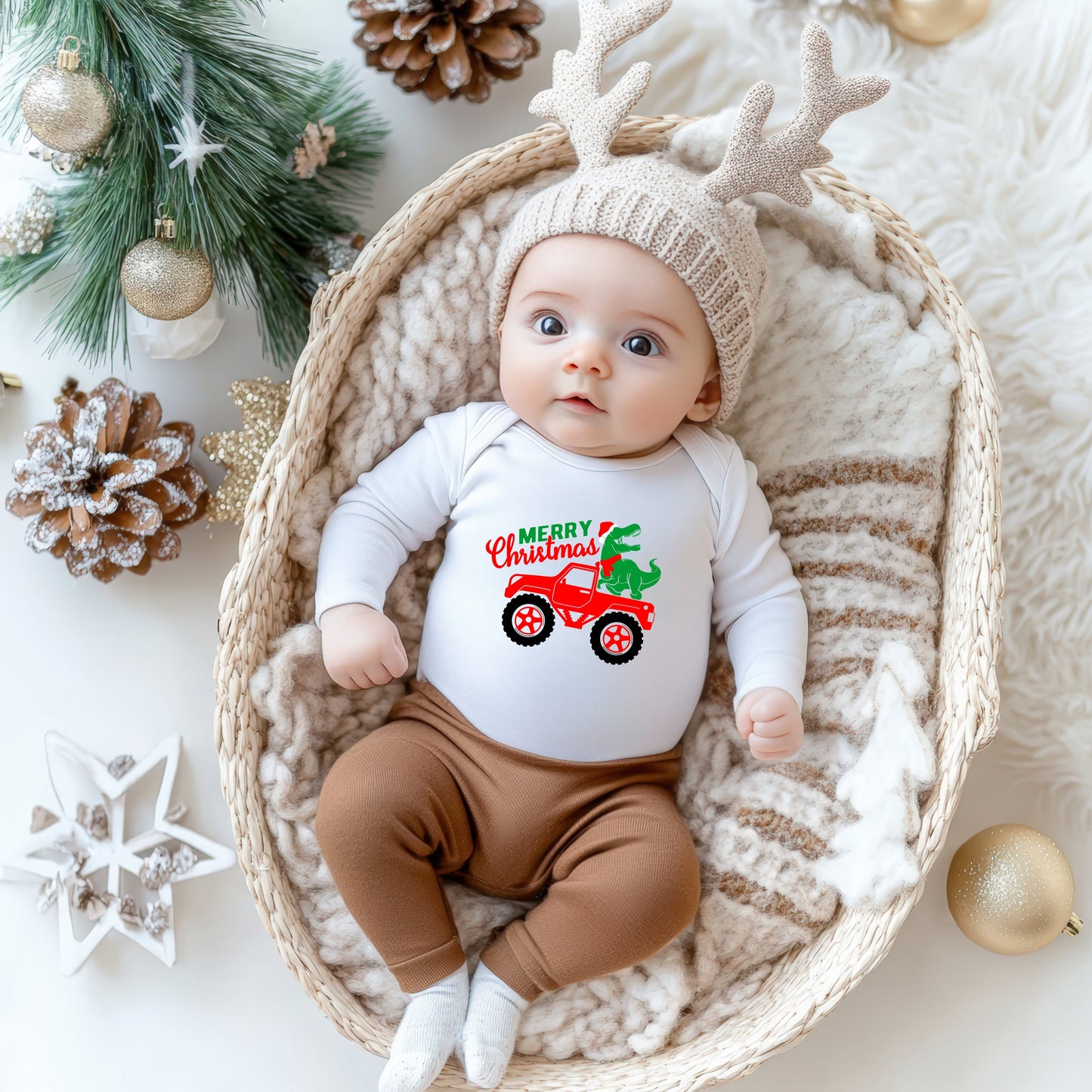 Christmas Dino Truck | Baby Graphic Long Sleeve Bodysuit