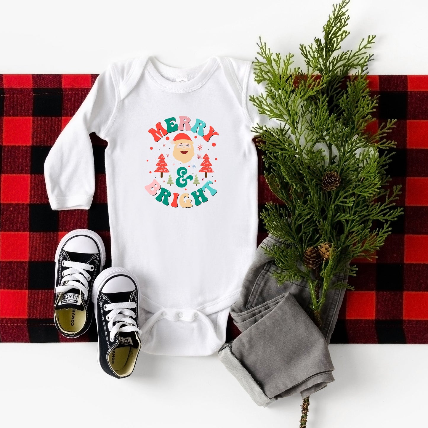 Retro Merry And Bright Santa | Baby Long Sleeve Bodysuit