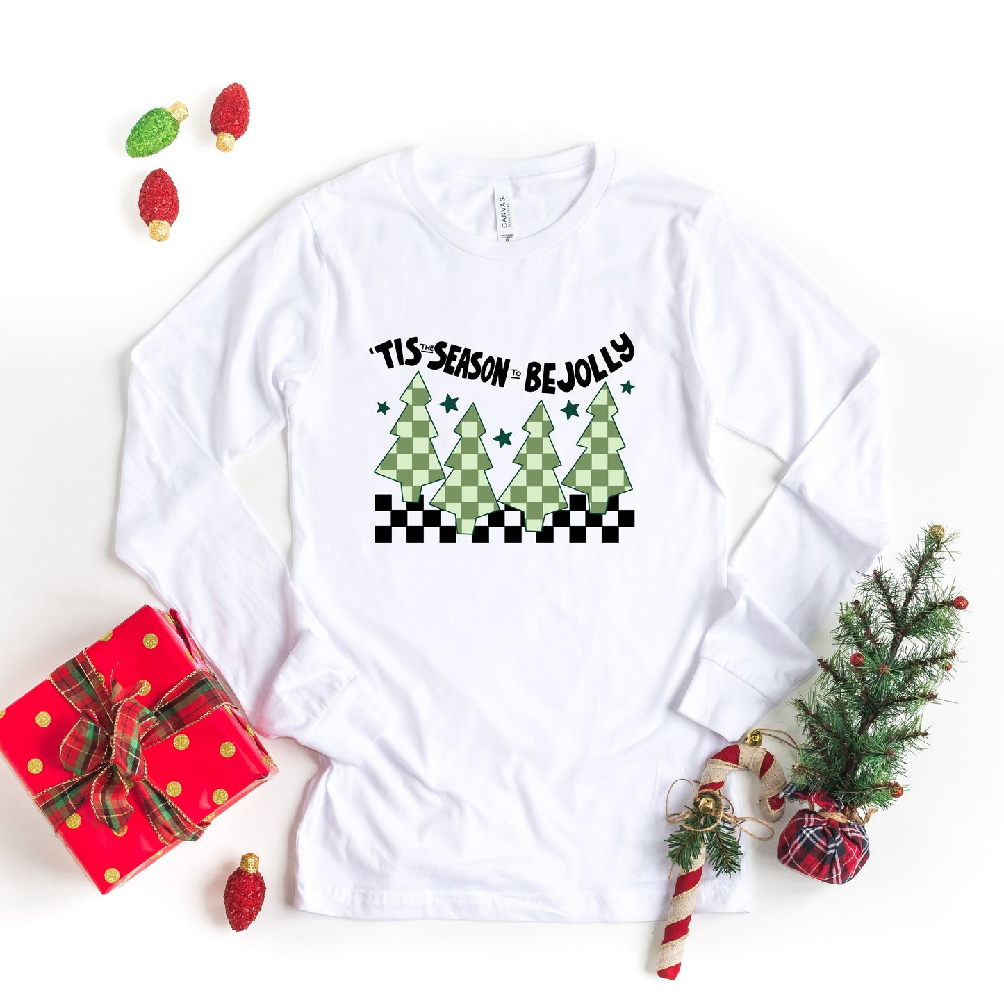 Be Jolly Checkered Tree | Long Sleeve Crew Neck