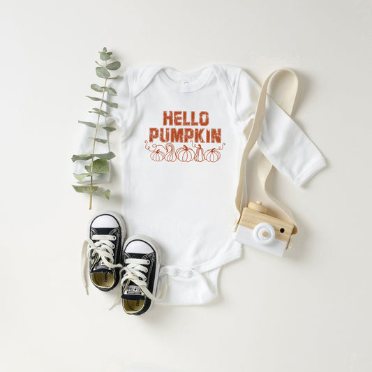 Hello Pumpkin Distressed | Baby Graphic Long Sleeve Bodysuit