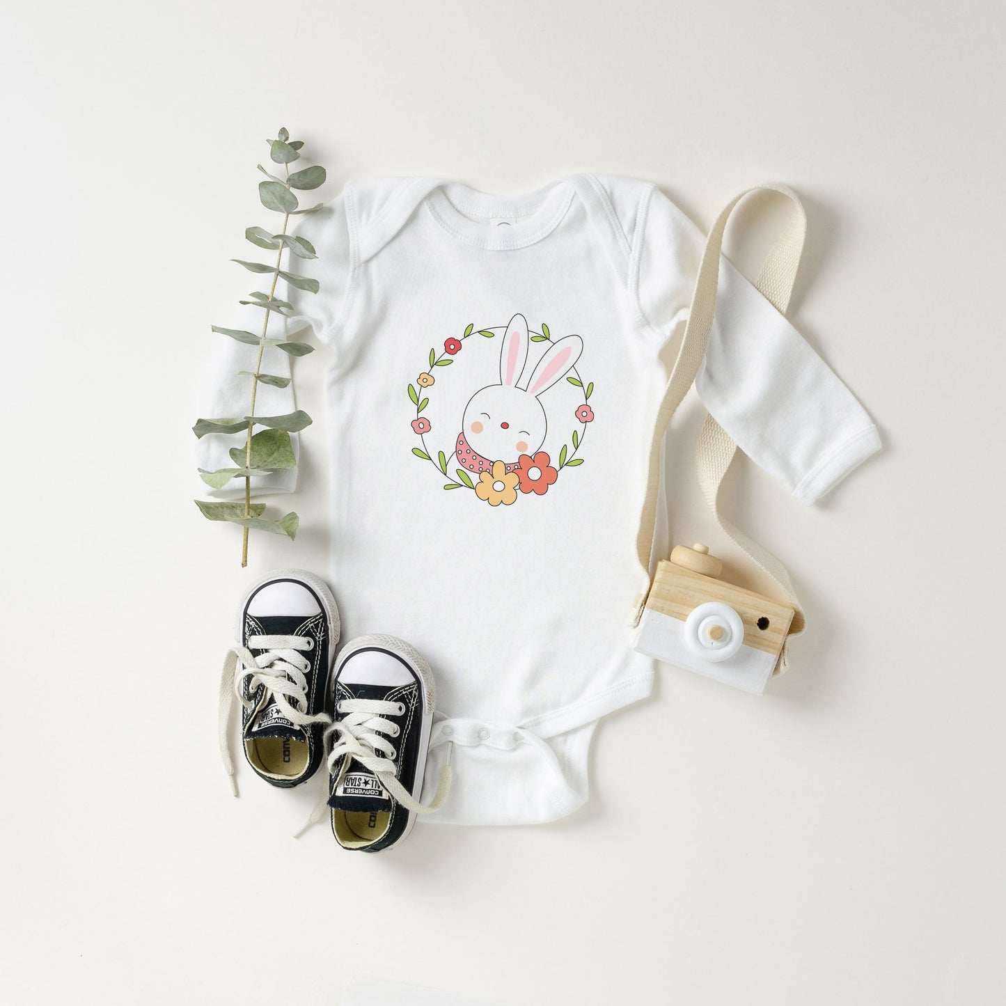 Easter Bunny Flower Wreath | Baby Long Sleeve Bodysuit