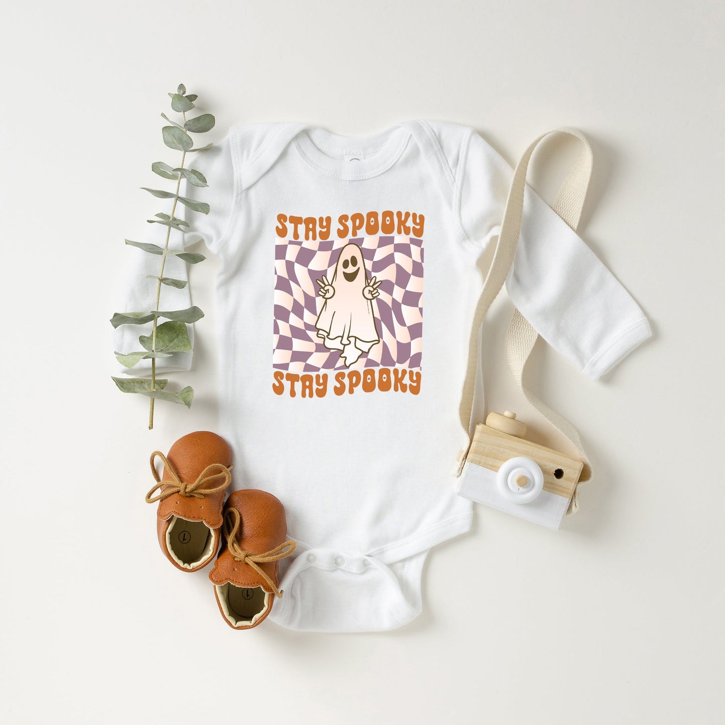Checkered Stay Spooky Ghost | Baby Long Sleeve Bodysuit