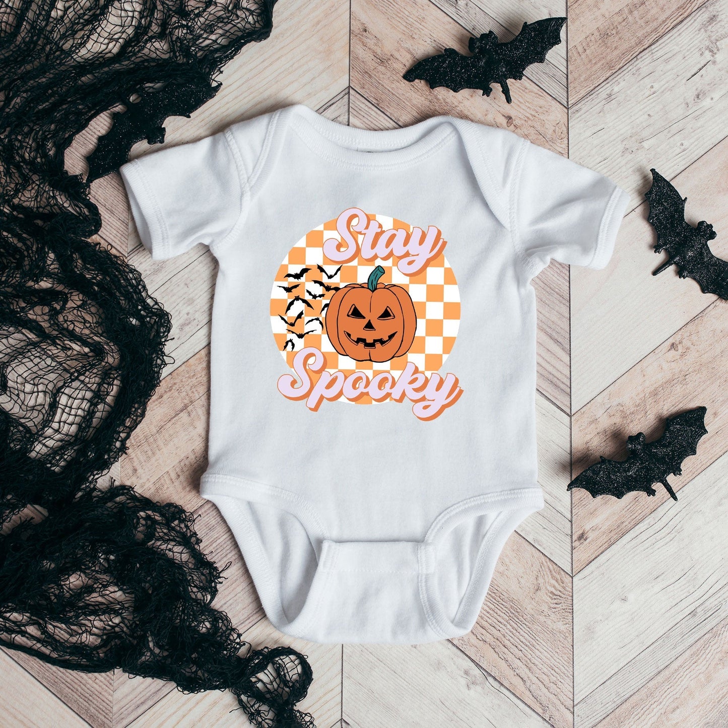 Stay Spooky Bats Checkered | Baby Graphic Short Sleeve Bodysuit