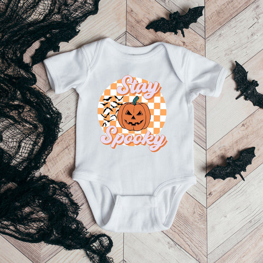 Stay Spooky Bats Checkered | Baby Graphic Short Sleeve Bodysuit