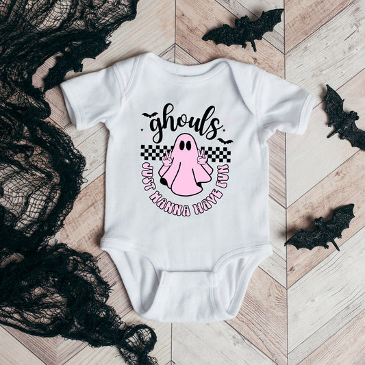 Just Wanna Have Fun Checkered | Baby Graphic Short Sleeve Bodysuit