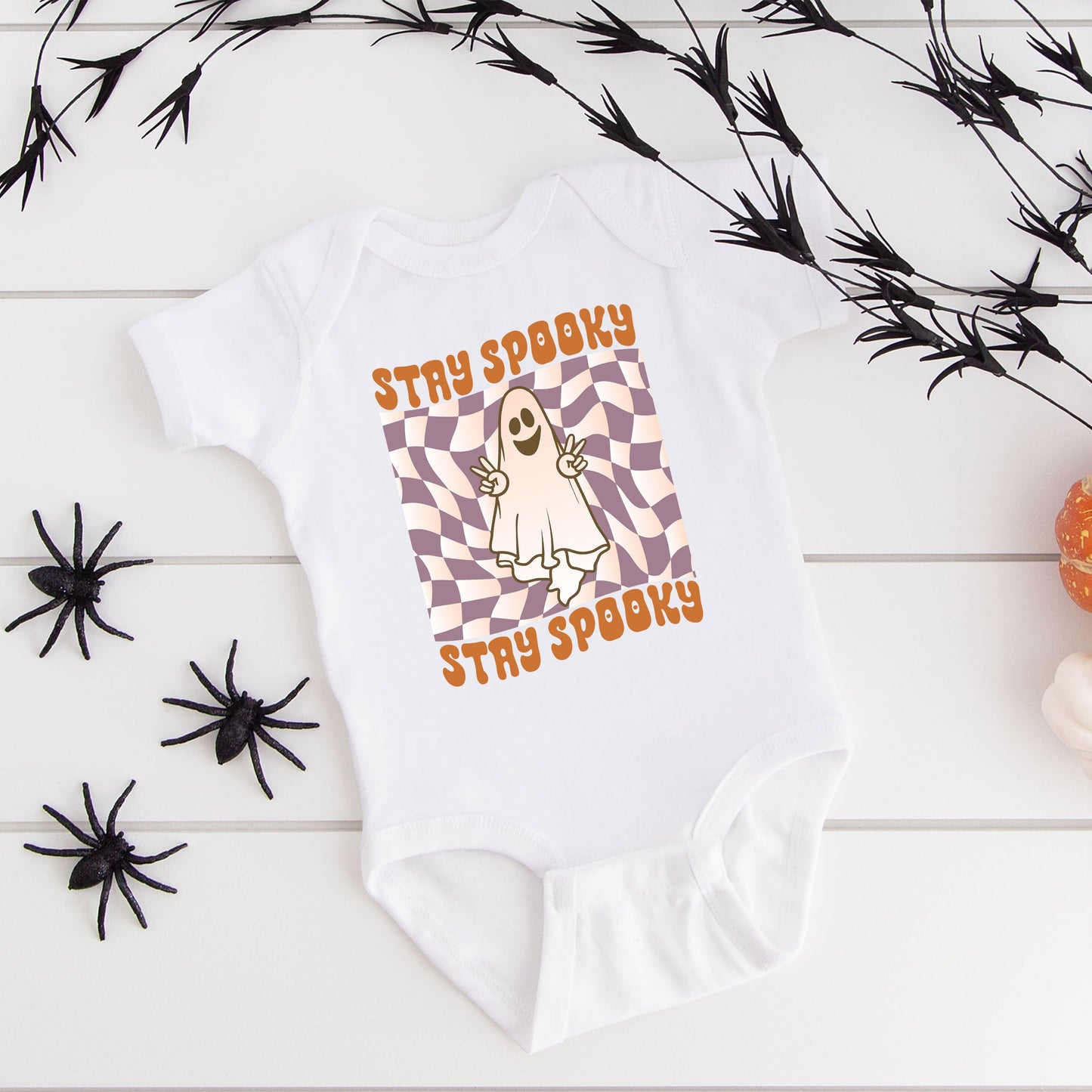 Checkered Stay Spooky Ghost | Baby Graphic Short Sleeve Bodysuit