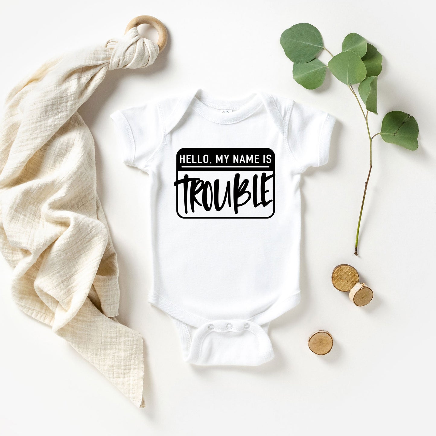 Hello My Name Is Trouble | Baby Graphic Short Sleeve Bodysuit