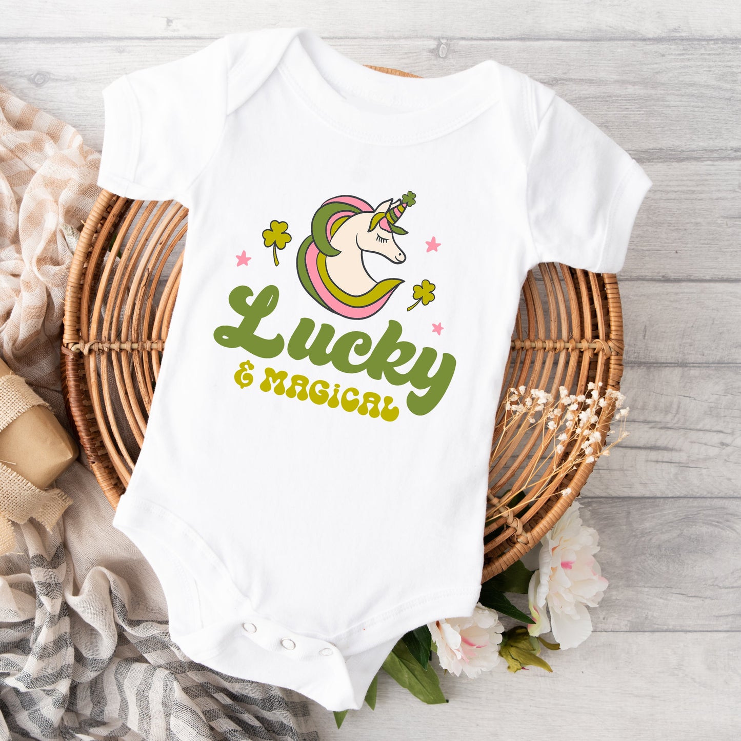 Lucky Magical Unicorn | Baby Graphic Short Sleeve Bodysuit