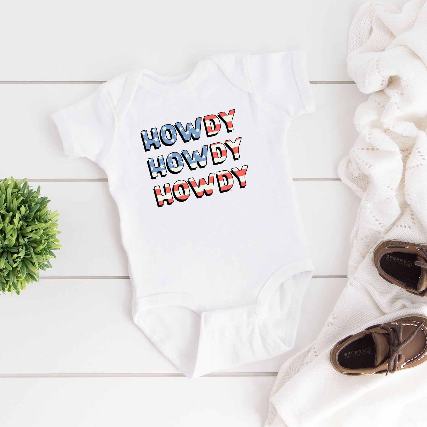 Howdy Flag Stacked | Baby Graphic Short Sleeve Bodysuit